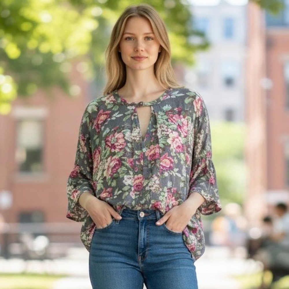 Umgee Floral Dress Women Medium Grey Pink Bell Sleeve Boho